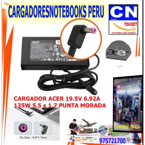 CARGADOR ACER 19.5V 6.92A 135W 5.5x1.7 PUNTA MORADA